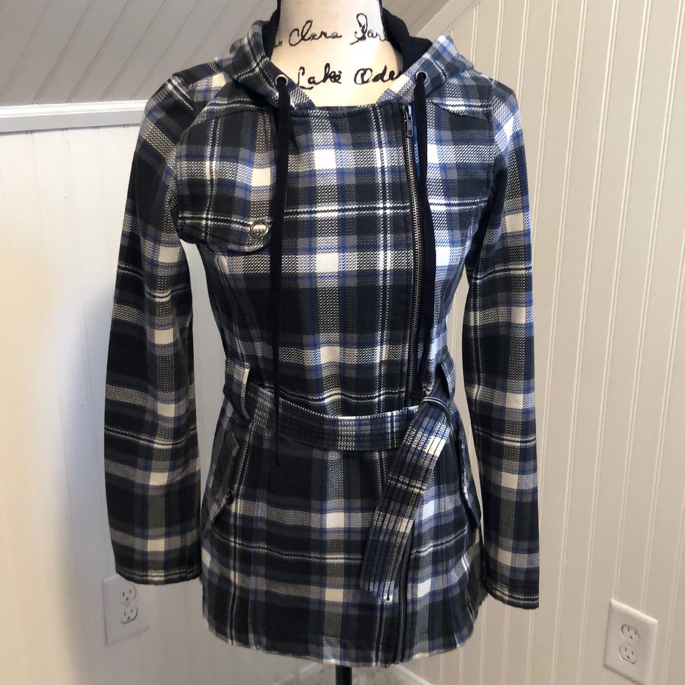 Double Breasted Belted Plaid Coat with Hood